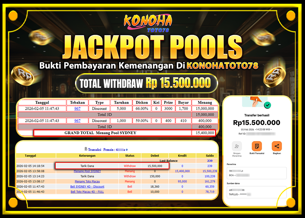 KONOHATOTO78 JACKPOT TOGEL PASARAN SYDNEYRp.15.500.000,LUNAS